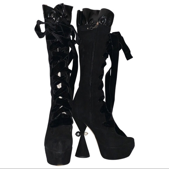 Louis Vuitton Black Goat Suede Patent Ruffle Cancan Velvet Lace-Up High Boots - Picture 1 of 16